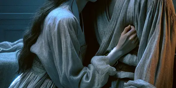 A brother and sister share a tense, emotional moment of forbidden love in a dimly lit room.