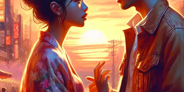 A young couple shares an emotional moment amidst a vibrant urban sunset, surrounded by blooming cherry blossoms.