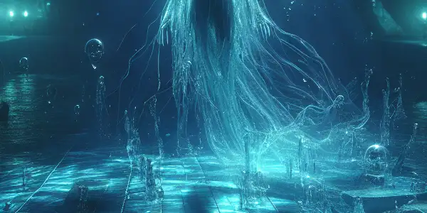 Eerie underwater scene featuring a shimmering water spirit amidst dark shadows and ominous submerged objects.