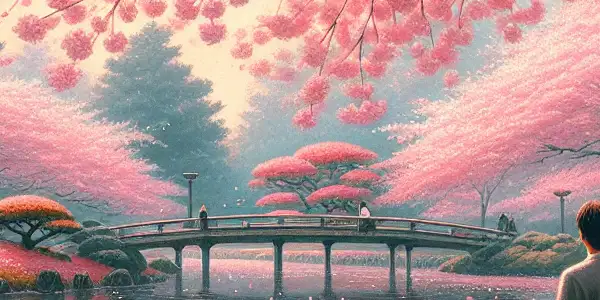 A couple shares an intimate moment under blooming cherry blossom trees in a serene Japanese park.