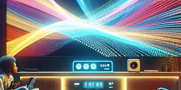 A cozy living room scene with friends enjoying streaming content on a large screen, surrounded by modern technology.