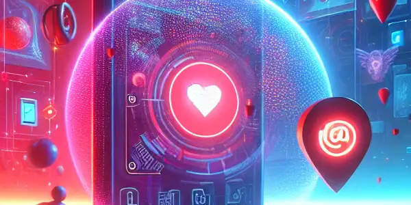 A vibrant digital scene featuring neon colors, smartphones, and abstract adult-themed elements, conveying intrigue and caution.