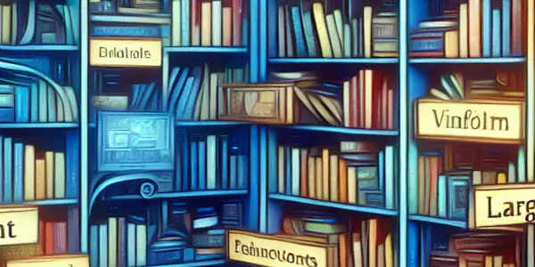 An abstract digital library filled with colorful shelves showcasing popular adult video tags in bold typography.