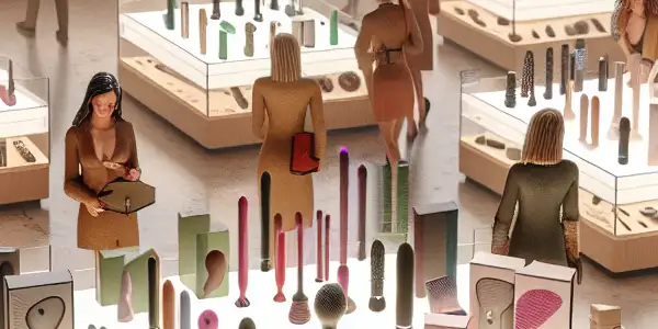 A contemporary boutique scene showcasing diverse shoppers exploring modern adult products in an intimate, stylish atmosphere.