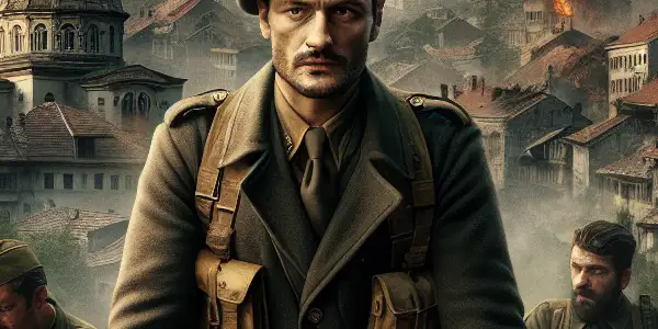 A heroic guerrilla leader stands in war-torn Sarajevo, surrounded by fighters strategizing amidst the chaos of battle.