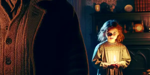 A father anxiously searches for his daughter during a suspenseful game of hide-and-seek in a dimly lit, eerie house.