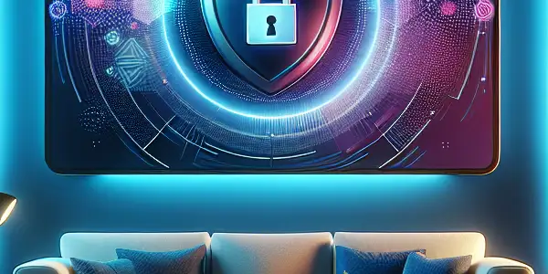 A modern living room with a high-definition screen, stylish sofa, and elements symbolizing security and privacy.