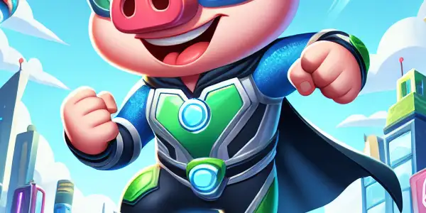 A brave cartoon pig superhero in action against a vibrant futuristic cityscape filled with flying cars and neon lights.