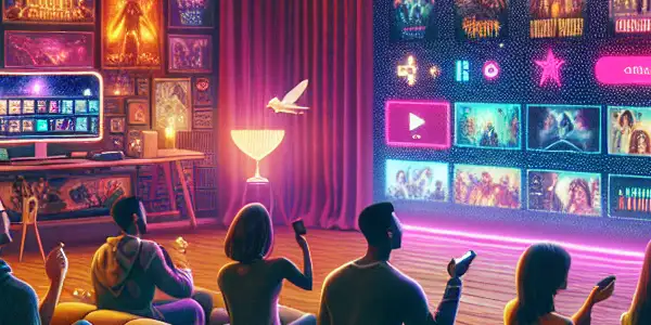 A cozy home theater with diverse people enjoying a movie, featuring warm lighting and themed decorations.