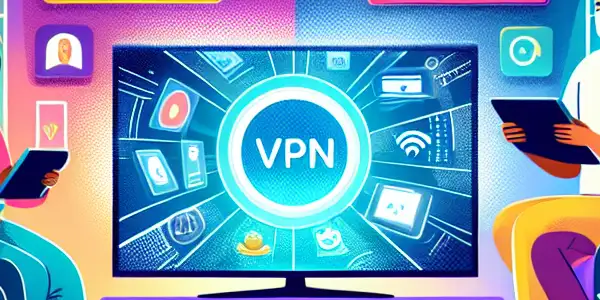 A cozy living room scene with diverse people enjoying digital entertainment on various devices, emphasizing technology and privacy.