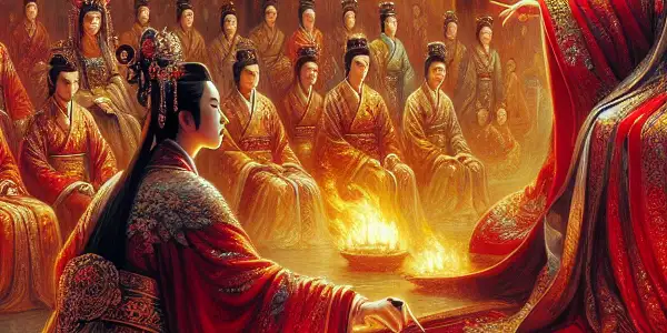 A tense confrontation between a regal queen and her rival concubine in an ornate Chinese palace interior.