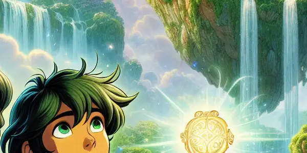 A brave boy and girl explore a lush, floating island with ancient ruins and vibrant greenery under a magical sky.