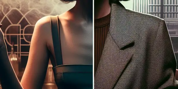 A cinematic scene contrasting a mysterious woman in a film noir bar with a reflective woman in a modern café.