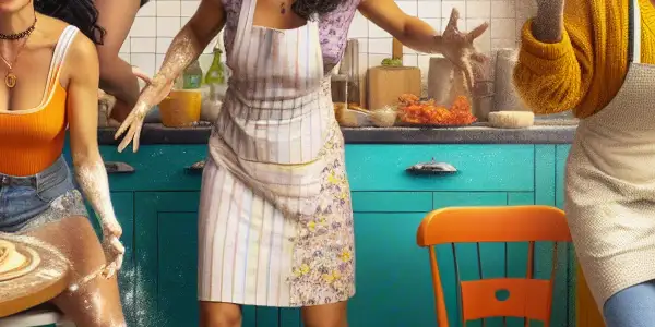 Three women joyfully creating chaos in a bright suburban kitchen, laughing and tossing pizza dough amidst flour spills.