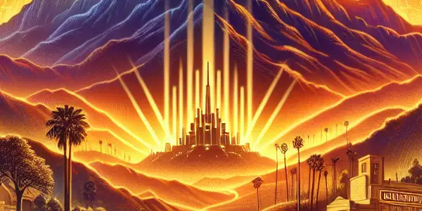 A majestic mountain representing Paramount Pictures, surrounded by classic film elements and a vibrant sunset.
