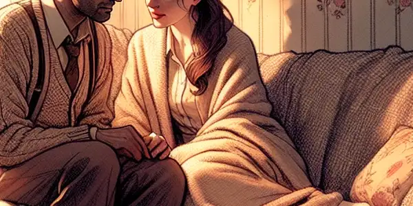 A cozy room with a couple sharing stories, surrounded by vintage decor and cherished memories.