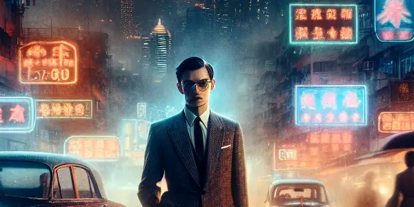 A nostalgic 1960s Hong Kong scene featuring a contemplative young man amidst vibrant nightlife and romantic silhouettes.