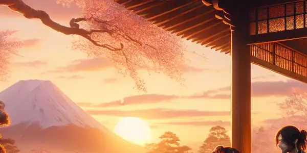 A serene Japanese landscape with a gazebo, cherry blossoms, and two characters in a heartfelt conversation.