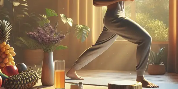 A serene setting featuring natural supplements, fresh produce, and a person exercising to promote wellness and vitality.
