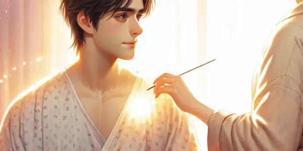 A young couple in a hospital, symbolizing love and resilience amidst a cancer battle, surrounded by hope.