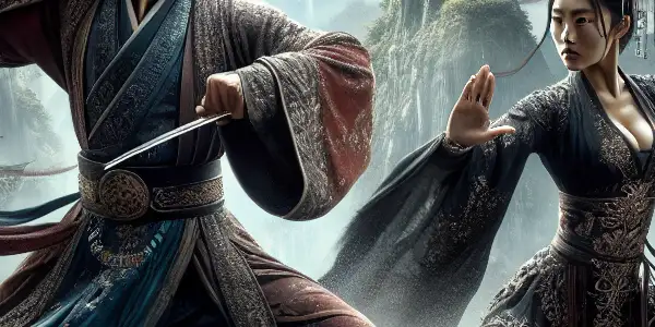 A dramatic showdown between a male swordsman and a fierce female martial artist in a traditional Chinese landscape.