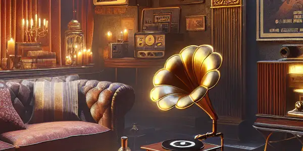 A nostalgic vintage adult film setting with a retro projector, plush decor, and iconic posters from the 1970s and 1980s.