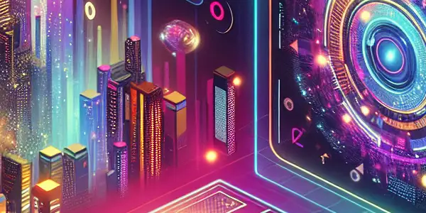 A futuristic adult gaming environment featuring interactive storytelling and vibrant characters in a neon-lit atmosphere.