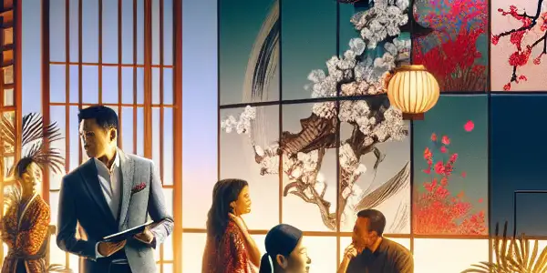 A vibrant modern lounge blending Japanese aesthetics with playful role-playing and dynamic interactions in adult entertainment.