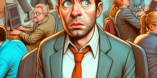 A bewildered office worker stands amidst chaotic, caricature-like coworkers in a humorous workplace setting.