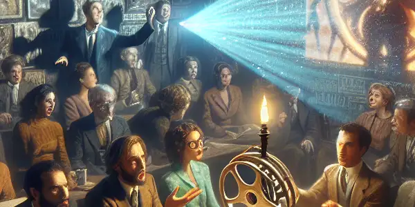 A cozy room filled with film memorabilia, where diverse enthusiasts passionately discuss classic cinema and film analysis.