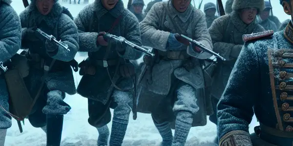 A Chinese commander rallies diverse soldiers in a snowy battlefield during the Second Sino-Japanese War.