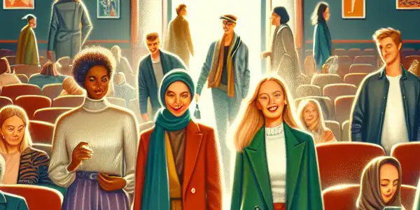 A diverse group of people leaving a dimly lit cinema, discussing the film as they organize their belongings.