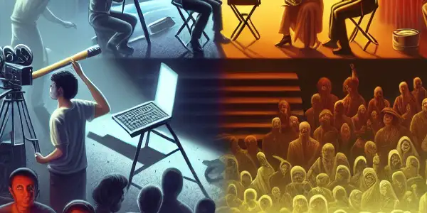 A split-screen scene contrasting a dark film set with emotional turmoil and a bright theater filled with engaged viewers.