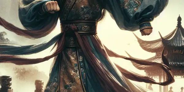 A heroic martial artist in traditional robes stands poised amidst misty mountains and ancient architecture, hinting at impending conflict.