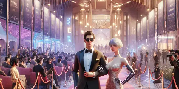 A lively red carpet scene at the 2023 Jiangyin Film Festival featuring stars, fans, and VR technology.