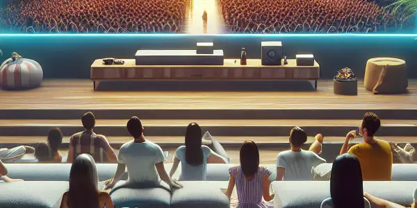 A cozy living room scene with diverse viewers enjoying vibrant adult films on a large screen.