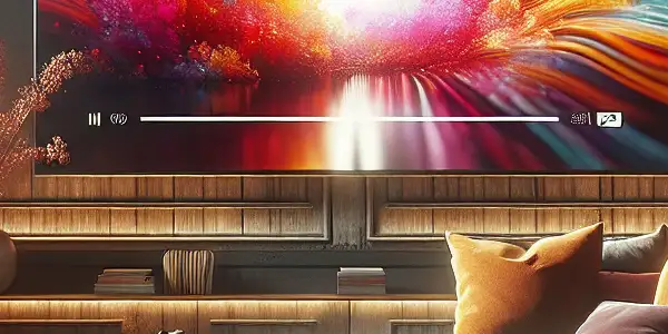 A cozy modern living room with a large screen displaying vibrant visuals, inviting relaxation and indulgence.