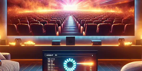 A cozy home theater with a large TV, popcorn, and tech gadgets for an immersive movie streaming experience.