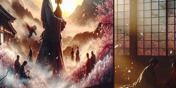 A stylish Japanese room with a glowing screen displaying adult film scenes, surrounded by cherry blossom petals.