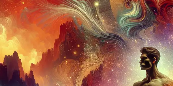 A muscular male figure exuding strength amidst a vibrant, surreal landscape filled with mythical creatures and glowing effects.