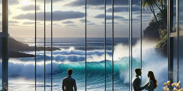 A luxurious seaside villa scene with two elegantly dressed characters sharing an intimate moment amidst lush greenery.