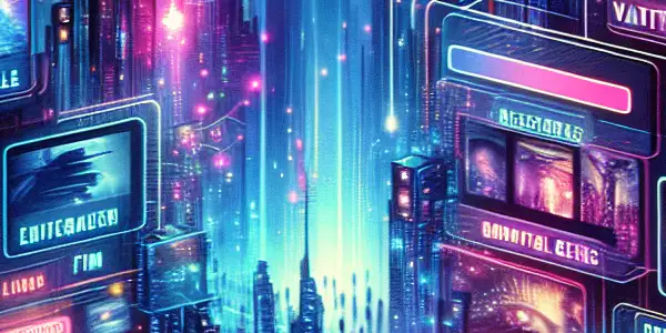 A vibrant cyberpunk landscape showcasing a dynamic movie download platform for adult films, featuring neon lights and digital elements.