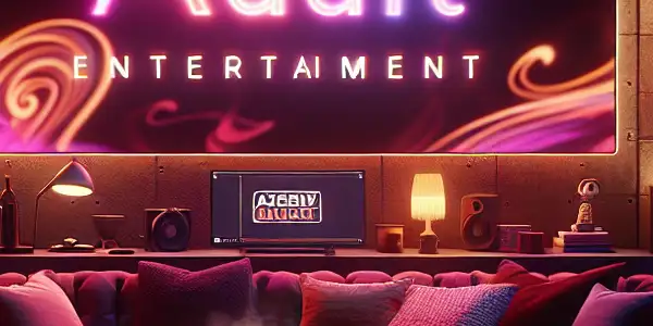 A cozy, dimly lit room featuring a large screen with abstract visuals, plush sofa, and neon "Adult Entertainment" sign.