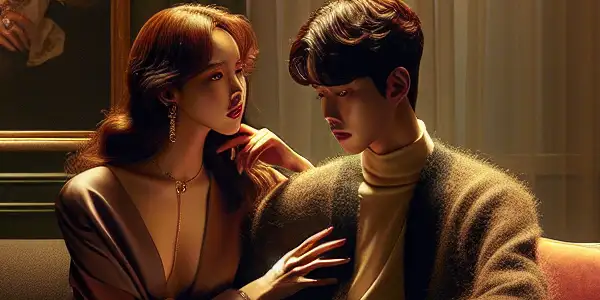 A dramatic moment between a stepmother and young adult in a stylish, warmly lit living room, filled with tension.