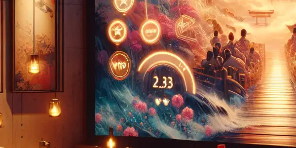 A cozy home theater scene with a large screen displaying a vibrant Japanese film, surrounded by glowing reward symbols.