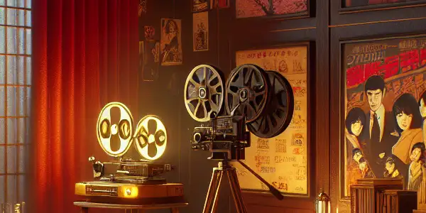 A captivating room inspired by Japanese cinema, featuring Aoi Sora, vintage film elements, and a warm, intimate atmosphere.