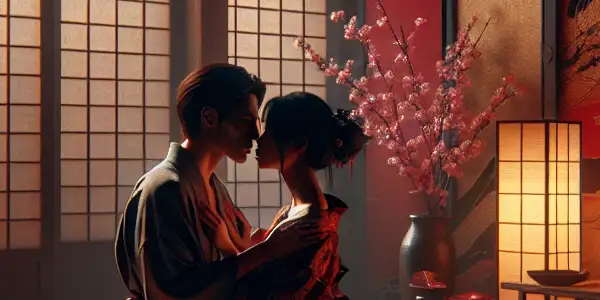 A dimly lit bedroom scene depicting two characters in a passionate embrace, surrounded by elements of Japanese culture.