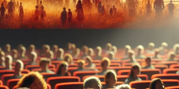 A dimly-lit cinema with an engaged audience captivated by emotional moments on screen, evoking intimacy and romance.