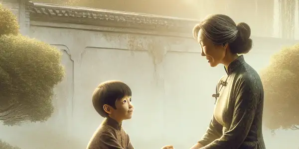 A mother and child share a tender moment on a park bench, surrounded by nostalgic 1980s Chinese scenery.