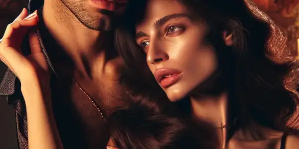 A passionate couple embraces in a dimly lit, luxurious bedroom, surrounded by romantic decor and intimate ambiance.